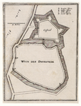 200149 Kaart van Wijk bij Duurstede aan de Rijn uit het noordoosten; met weergave van de stadsmuur met poorten en ...
